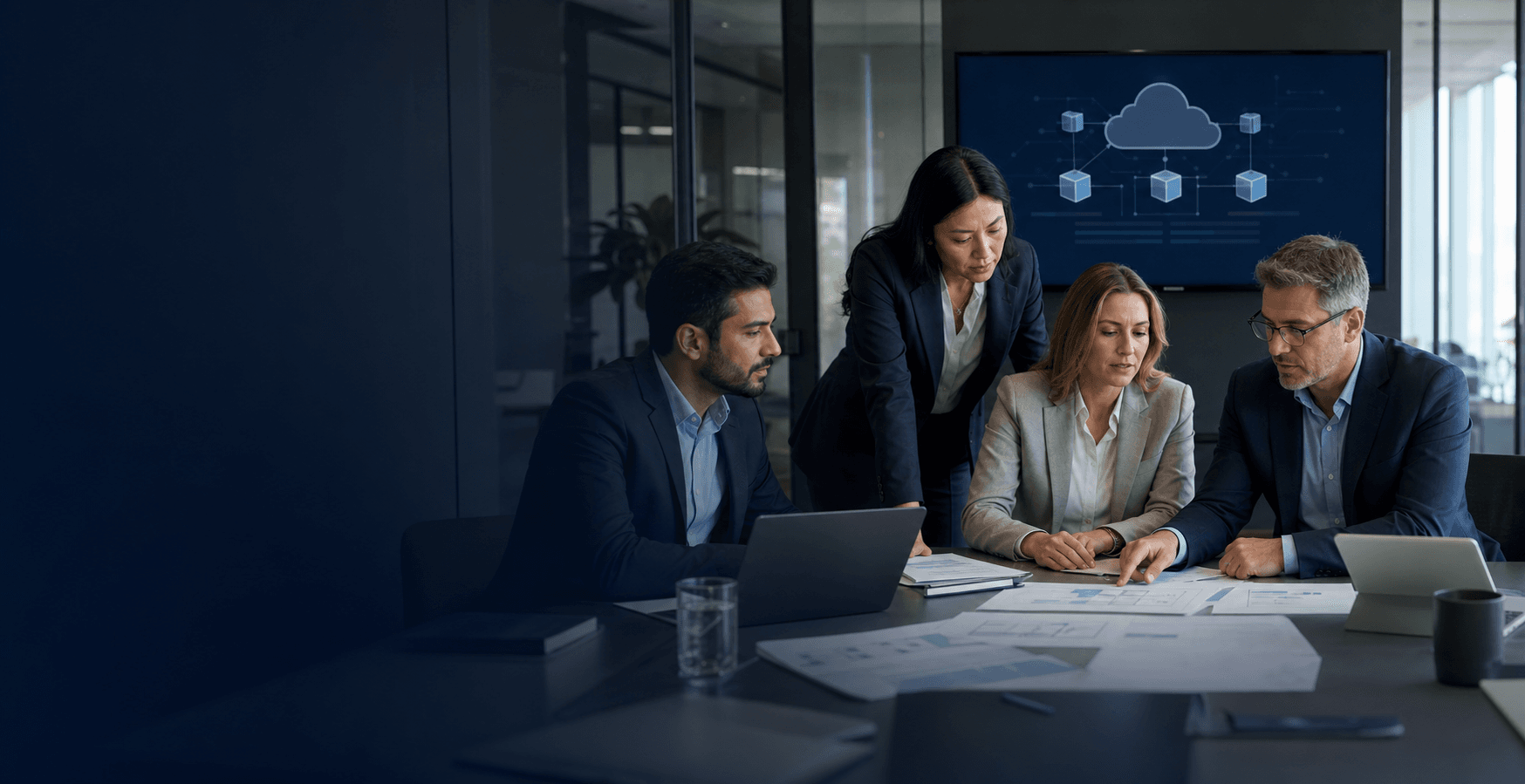 Technology consultants collaborating in a modern workspace